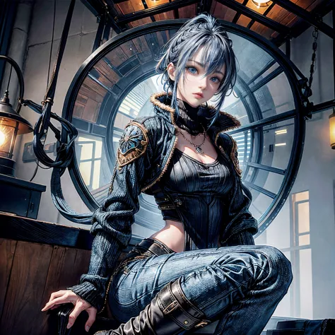 Cinematic lighting、16k picture quality、highlydetailed skin、masutepiece,1girl in, Solo、Best Quality,cyberpunked,(1beautiful woman、Detailed beautiful facial features、Medium Hair、Blue hair、blue eyess:1.3)a necklace(black boa jacket、winter knit clothes、denim p...