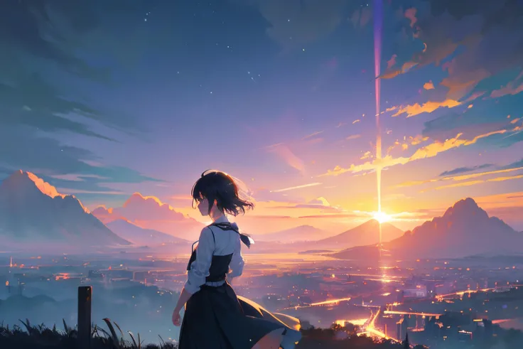 Create exquisite illustrations reminiscent of Makoto Shinkais style, It has ultra-fine details and top-notch quality. Create a high-quality illustration of a breathtaking scene where the rain has ceased, leaving behind a fantastical rainbow stretching acro...