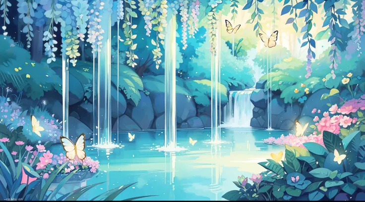 picture book illustration, watercolor storybook illustration, vibrant pastel colors, dreamy, colorful, whimsical, magical, masterpiece, best quality, sharp focus, intricately detailed environment, fine detail, 8k resolution, waterfall lagoon, (magical lago...