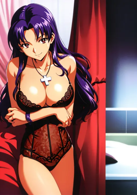 (masutepiece),(Best Quality), Katsuragi Misato, robe blanche, Brown eyes, Huge chest on the verge of bursting、Cross Necklace,  Lingerie with a small area、Lying in bed、Seductive、Seductive look、seducting smile