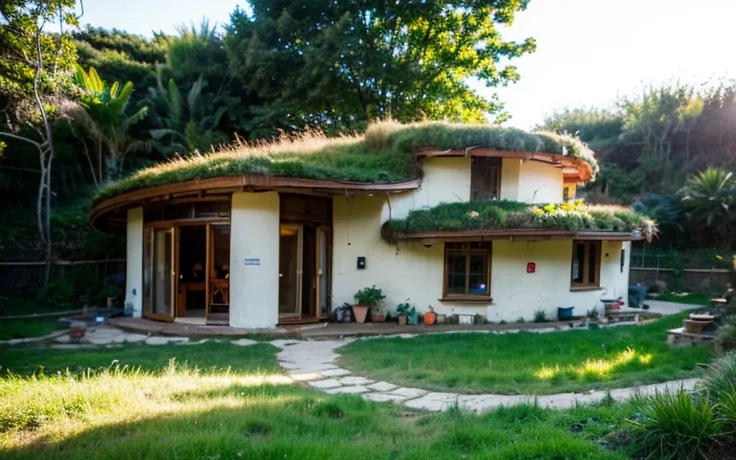 A photograph of a symmetrical contemporary house with (((one waved green roof))) and (((biological pool))) in a tropical backyard, mustard yellow terracota plaster walls (((rustic clay stucco))), ((corner walls rounded)), ((rustic clay plaster)), (((terrac...