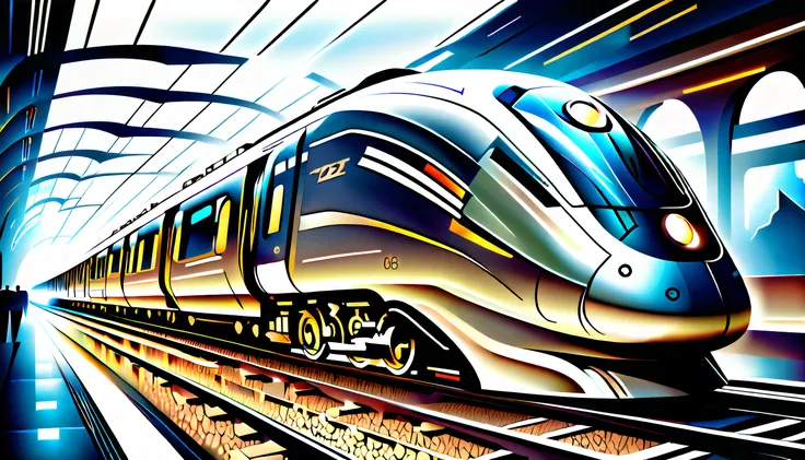 (((intricate detail futurism battle train illustration:1.6))), (((epic trance high_speed_line:1.2))), beauty both alluring and intimidating. almond-shaped seem to hold a thousand secrets, cascades down back in waves of silk. silver and intricately designed...