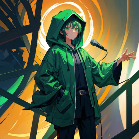 A boy wearing a dark green hooded kimono、The background is detailed cyberspace、holding the mic、hood is deep、