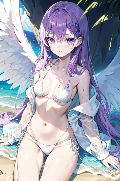 Wearing a white transparent bikini（The fabric is thin，Wet with），On the sandy beach，plum，Gorgeous purple hair，the angels wings，Face details，Yellow pupil，disgusted expression，