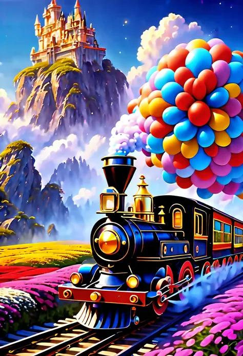 (((imagination run wildness with this visually descriptive, beauty flower train:1.4))), overflowing with sadness, travels through a world of deep blue skies and a nostalgic dream-like atmosphere, intricate brushstrokes and a vibrant rich color palette, lot...