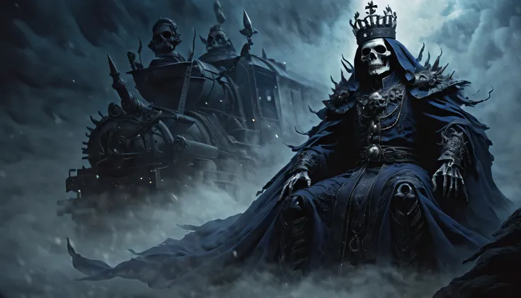 (((dark fantasy train moves through the thick fog of black and navy:1.2))), trains body is made of bones. with immortal undead king sitting atop, empty eyes gazing into the void, ornate robes and crown standing out against the murky backdrop, while his bla...