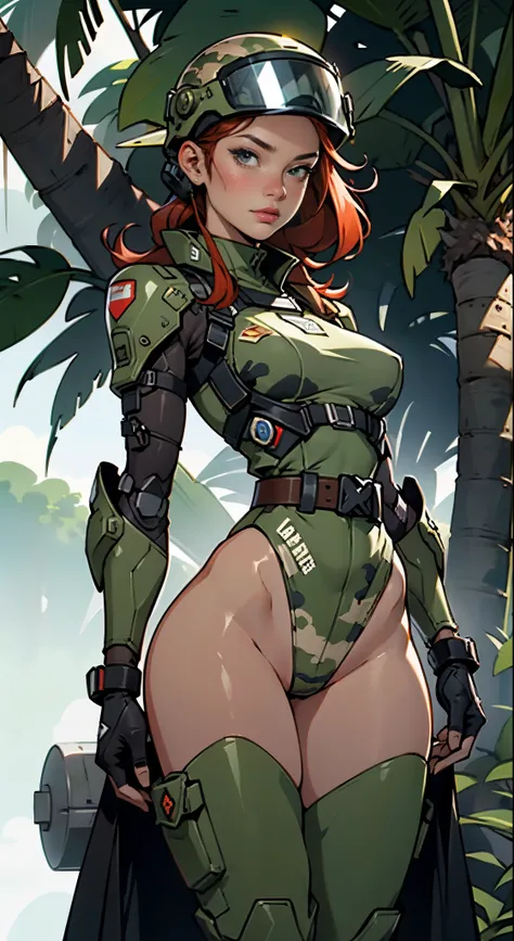 1woman 20 years old, max resolution, crisp lines, sculpted, military, wearing a soldier helmet, beautiful, perfect body, red hair, perfect body, thin waist, wide hips, large breasts, slim thighs, jungle background, armored vehicle, flying fighters, militar...