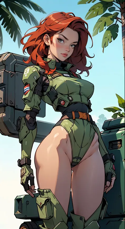 1woman 20 years old, max resolution, crisp lines, sculpted, military, wearing a soldier helmet, beautiful, perfect body, red hair, perfect body, thin waist, wide hips, large breasts, slim thighs, jungle background, armored vehicle, flying fighters, militar...