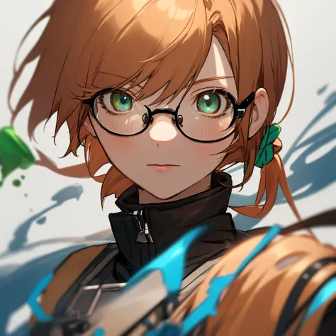 Make a girl with ginger hair with blue and brown eyes. Make a boy with green and blue mixed eye color with dirty blond hair in a pony tail and black eyeglasses