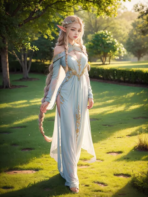 Graceful elven girl standing in meadow, Delicate face illuminated by the soft light of the setting sun. Her long, Flowing hair runs down your back, Decorated with intricate braids、Adorned with sparkling gemstones. This great photo is、、、It captures the ethe...