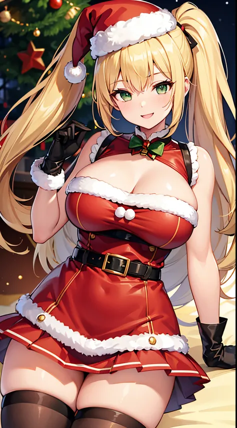 1 girl, game cg, Santa Claus clothes, short skirt, black stockings, Santa hat, gigantic breasts, blonde, middle hair, side ponytail, green eyes, dynamic, smile,