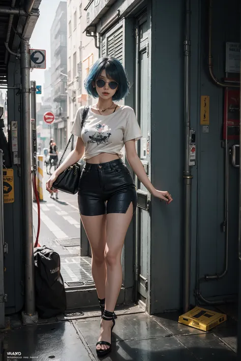 Beautiful photorealistic photograph of a beautiful girl with sunglasses half body pose (cream-colored t-shirt) and a variety of cyberpunk clothing and paraphernalia, short blue hairstyle, dynamic pose, cyberpunk street background, perfect proportions, abst...