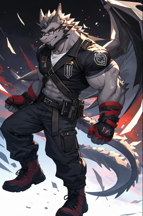 Masterpiece, Solo, Cool Pose, Furry Black Dragon, Medium Muscular Body, Purple Eyes, Grey Medium Hair, Grey Facial Hair Combat shirt, Black Glasses, Combat Gloves, Combat Pants, Fierce, Manly, Good looking