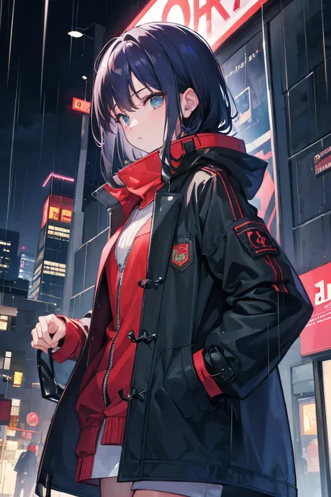 1 girl, night city, rain, coat, hands in pockets