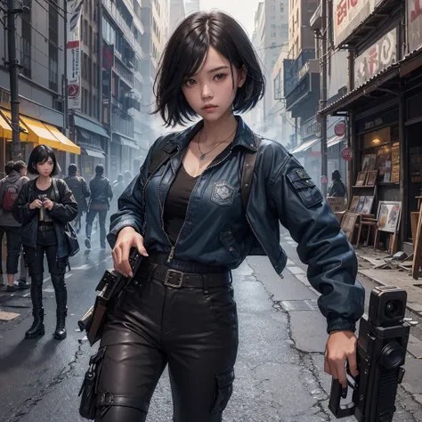 Digital Illustration, Extreme Detail, 4k, 3D realistic asia face teenage woman with short black hair, black shirt, blue jacket, brown cargo pants, brown shoes, carrying a gun on a damaged city center street in the afternoon, there is light smoke around her...