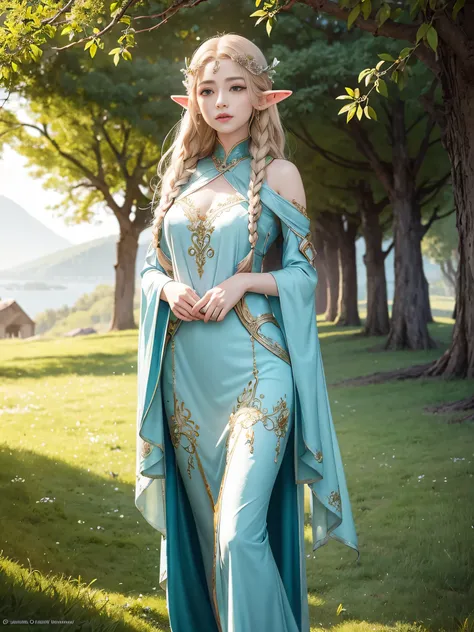 Graceful elven girl standing in meadow, Delicate face illuminated by the soft light of the setting sun. Her long, Flowing hair runs down your back, Decorated with intricate braids、Adorned with sparkling gemstones. This great photo is、、、It captures the ethe...