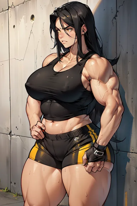 ((((((1girl)))))) (((((muscular))))) ((thick thighs huge breasts)) black hair yellow eyes solo angry pale skin sweaty concrete wall very long hair (tank top bike shorts) curvy wide hips bodybuilder