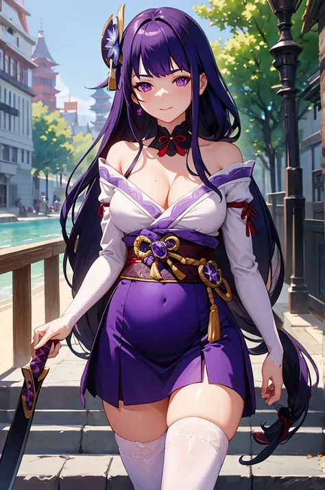 masterpiece,shogun, 1girl, solo, long hair, looking at viewer, hair ornament, thighhighs, long sleeves, ribbon, holding, cleavage, purple eyes, weapon, purple hair, braid, flower, japanese clothes, sword, wide sleeves, kimono, holding weapon, mole, blurry,...