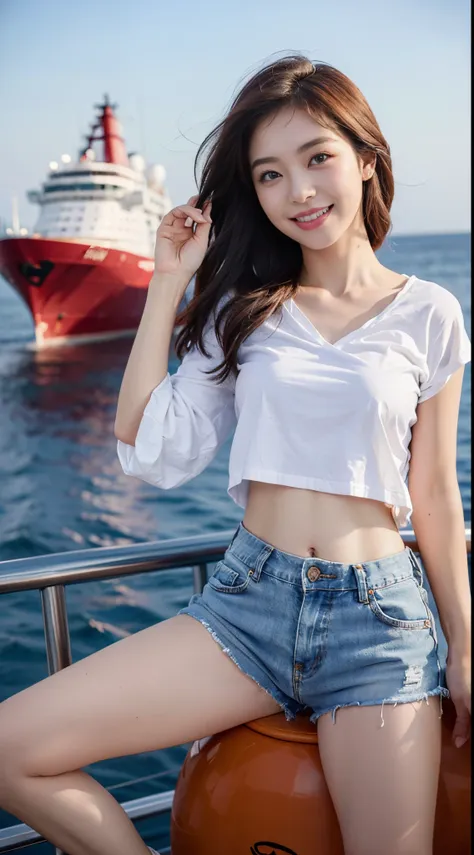 above the sea、fishing on a boat、((i'm catching a big tuna))、8k, top-quality, （pubic hair beauty）、hight resolution, 逼真, realperso...