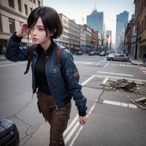 Digital Illustration, Extreme Detail, 4k, 3D realistic teenage woman with short black hair, black shirt, blue jacket, brown cargo pants, brown shoes on a destroyed city center street in the afternoon, there is light smoke around her with scattered newspape...