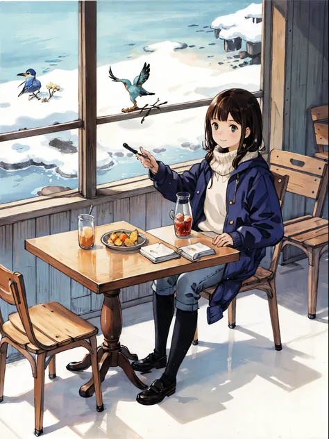 best quality, detailed background, girl,sea, cafeteria, bird, snow, winter,