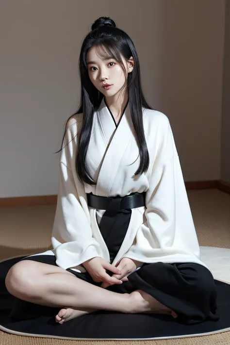 A man wearing a flowing black and white robe、30 year old Chinese woman in golden belt，Sit on a mat and meditate，had his hands folded，The robe covers the legs，The temperament is elegant，Sit upright，Blank background behind。