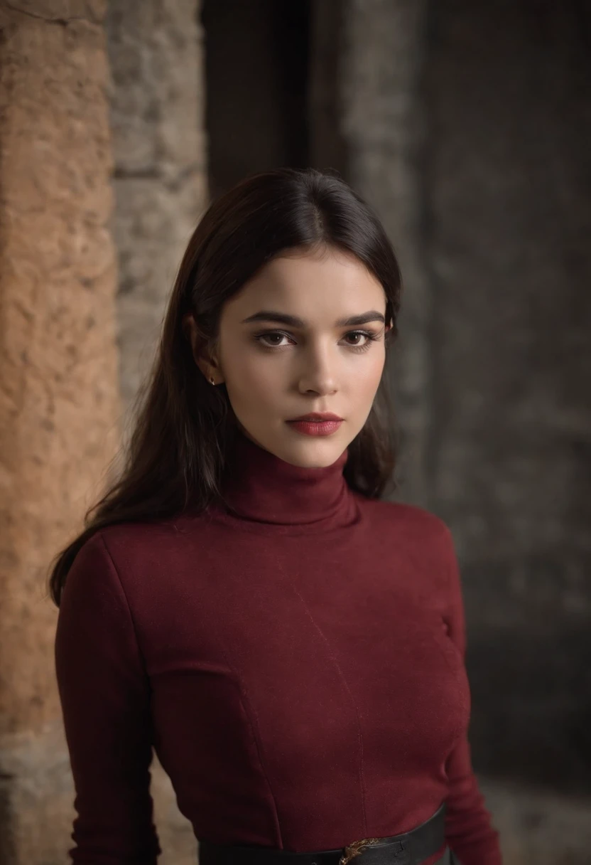 Emilia Gomez very horny, tall, Gorgeous, Spanish descent, Age 23, Smooth skin, Black hair. Turtleneck of red color, Black Fitting Pants, Simple Silver Cross Necklace, Work in an underground base, Highly detailed, 发光,  8K, Checking artifacts, holding a long...