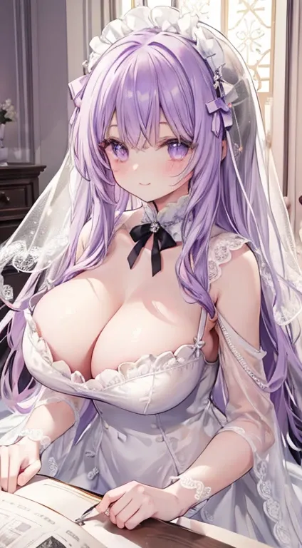 1 woman、Light amethyst soft and fluffy hair、Amethyst sparkling eyes、A room full of cute frills and ribbons、Lace cape、Lace Ribbon、Long veil、A smile、爆乳、cleavage of the breast、Too large breasts、I see underwear.