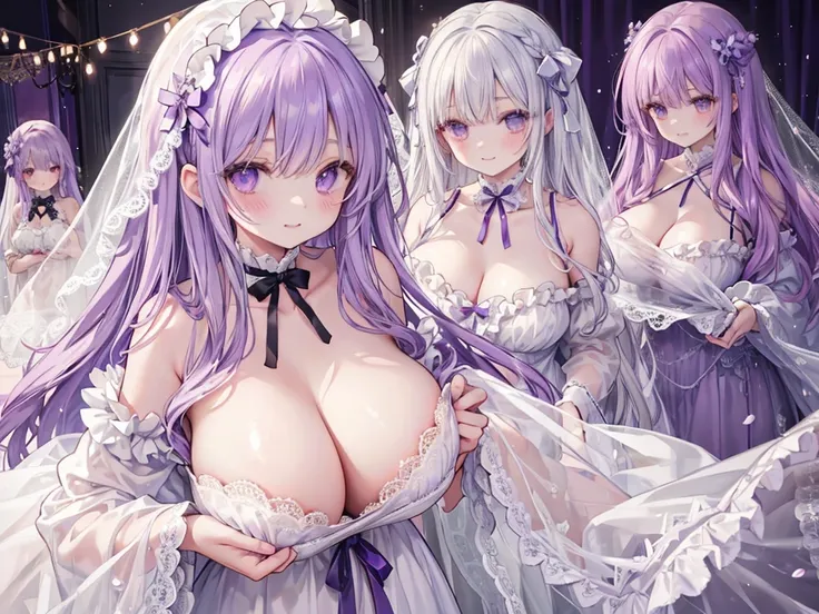 1 woman、Light amethyst soft and fluffy hair、Amethyst sparkling eyes、A room full of cute frills and ribbons、lace cape、Lace Ribbon、Long veil、A smile、爆乳、cleavage of the breast、Too large breasts、I see underwear、double tooth、negligee