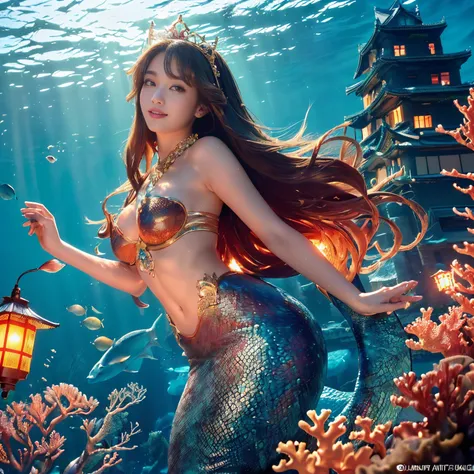 ((top-quality、masutepiece、8K、Top image quality、Highly complex and detailed depictions、super-fine、1 photo、The main character is a person、the castle is in the background.))、((One Little Mermaid、Take a photo from close to the princess、Her face is detailed and...