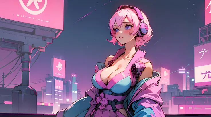 sexy anime 1girl ,headphone, glowing skin , beautiful background , beautiful sky, aesthetic ,venilla ,night ,cleavage, japan, tokyo city ,synthwave , big boobs