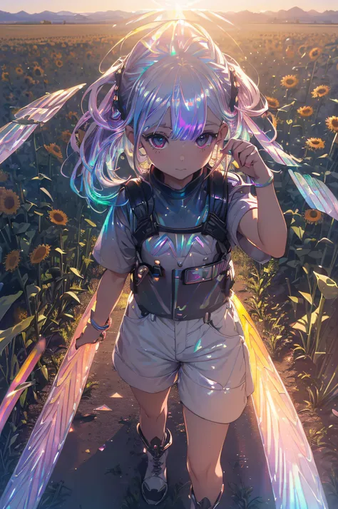 A little adventurer Girl with ponytailed hair, big pink eyes, wearing a visor, white shirt, camouflage shorts, ankle boots, in a field of giant sunflowers, {extremely detailed 16k CG unit wallpaper}, expansive landscape photography, ( a view from below foc...