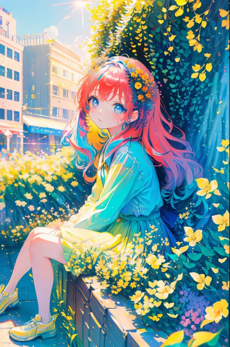 Sitting in the big city seen from a height、colourfull、dream-like(Petite and beautiful girl with detailed eyes。The depth of field in the photo is perfect、Lens flare added a nice touch。