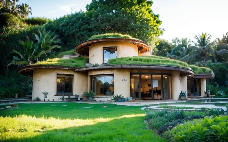 A photograph of a symmetrical contemporary house with (((one waved green roof))) and (((biological pool))) in a tropical backyard, mustard yellow terracota plaster walls (((rustic clay stucco))), ((corner walls rounded)), ((rustic clay plaster)), (((terrac...