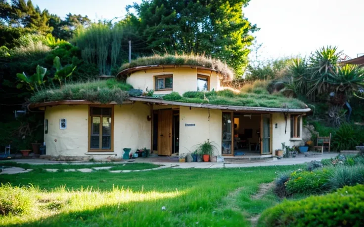 A photograph of a symmetrical contemporary house with (((one waved green roof))) and (((biological pool))) in a tropical backyard, mustard yellow terracota plaster walls (((rustic clay stucco))), ((corner walls rounded)), ((rustic clay plaster)), (((terrac...