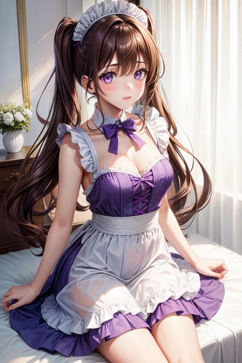 1girl in, top-quality、lighting like a movie、maid clothes、Cleavage is exposed、Twin-tailed brown hair、a miniskirt、(Purple eyes)、Inside a luxury department store、