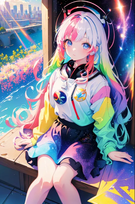 Sitting in the big city seen from above、Near Future City、colourfull、colorful space suit、skirt by the、dream-like(Petite and beautiful girl with fine eyes。The depth of field in the photos is perfect、Lens flare added a nice touch。