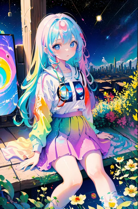 Sitting in the big city seen from above、Near Future City、colourfull、colorful space suit、skirt by the、dream-like(Petite and beautiful girl with fine eyes。The depth of field in the photos is perfect、Lens flare added a nice touch。