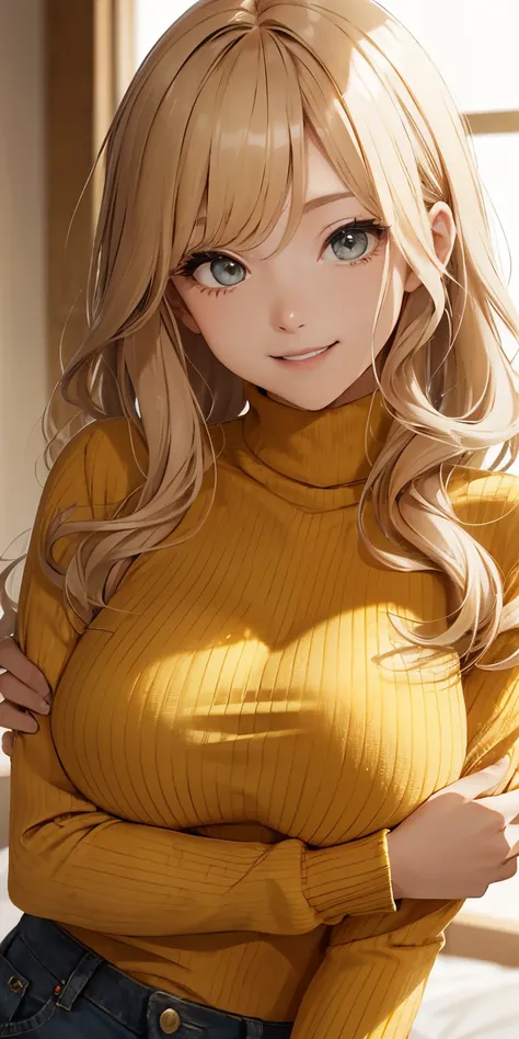 realisticlying、 Sideways view、Blonde Long Wavy Hair、An 18-year-old beautiful girl with a smile that emphasizes her cleavage.((Grasp your breasts with both hands))、Wearing a yellow turtleneck sweater、Breasts enlarged、Sexy Posing、Im sweating、Redness of cheek...