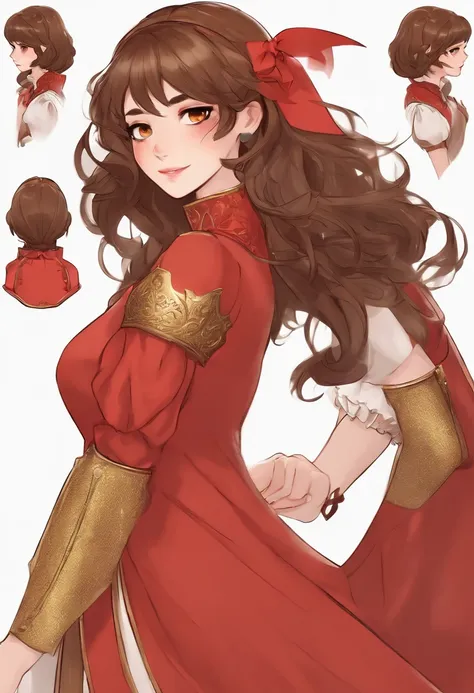 A female character with long brown hair and bangs, gold eyes，Wearing a red medieval dress and brown boots, Different angles, Miraculous ladybug style, character sheets, white background--ar 3:2, Character pose