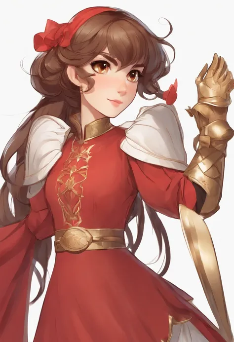 A female character with long brown hair and bangs, gold eyes，Wearing a red medieval dress and brown boots, Different angles, Miraculous ladybug style, character sheets, white background--ar 3:2, Character pose