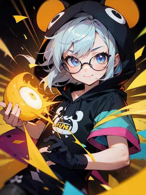 (Male child, eye glasses,A smile, silber hair)、white, yellow, Blue confetti on hood, In the style of cute cartoon-like design, Electrical color scheme, Dark white and dark bronze, Vivid color scheme, Happy Expressionism, 20mp, Dynocore), In the style of co...