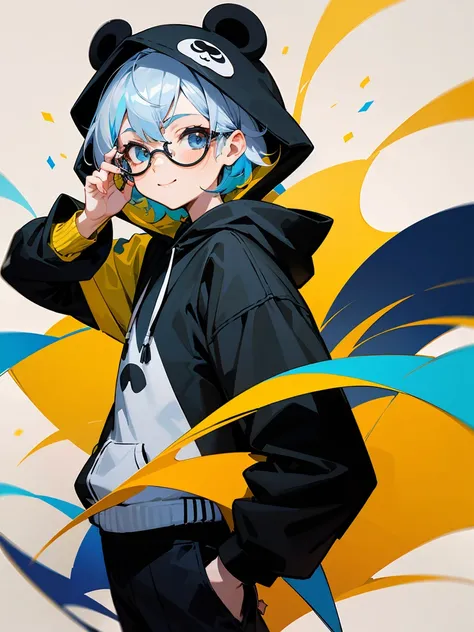 (Male child, eye glasses,A smile, silber hair)、white, yellow, Blue confetti on hood, In the style of cute cartoon-like design, Electrical color scheme, Dark white and dark bronze, Vivid color scheme, Happy Expressionism, 20mp, Dynocore), In the style of co...