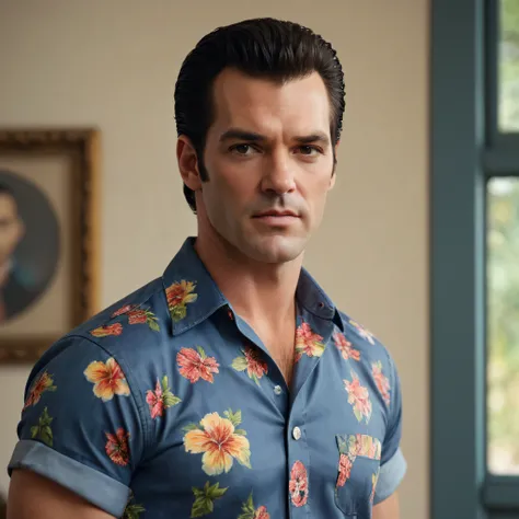 close-up, facial portrait, 33-year-old Paul Stanley/Elvis Presley/Tom Selleck/Henry Cavill/Keanu Reeves/Dolph Lundgren/Tyler Hoechlin/Jon Bernthal extra short, buzz-cut hair, wearing short sleeved Hawaiian shirt, blue Jeans, oil painting in the art style o...