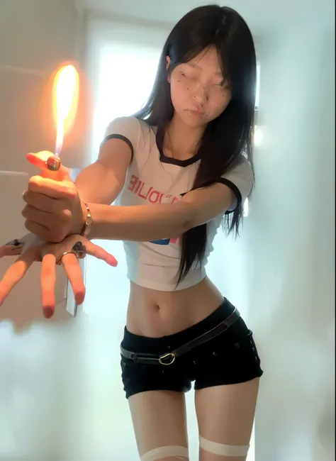 There is a woman holding a lighted candle in her hand, Hot and petite, slender girl, 1 8 yes, Flames appear around the body, fireball hand, parched，and the sun was shining brightly, There is fire on the hands, 2 5 years old, she has fire powers, photo of s...