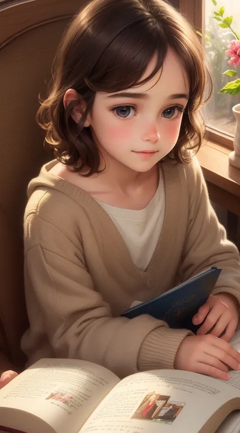 (best quality,ultra-detailed),(realistic:1.37),beautiful detailed eyes,beautiful detailed lips,dark brown hair , shiny eyes, long eyelashes, happy, detailed illustration,warm atmosphere,small,simple background,young boy,holding book,praying,reading Books, ...