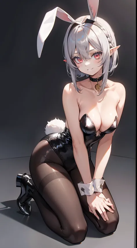 1girl, animal ears, bangs, bare shoulders, black choker, black leotard, black pantyhose, breasts, choker, cleavage, cross, eyes visible through hair, fake animal ears, fake tail, full body, grey background, grey hair,  hair between eyes, kneeling, large br...