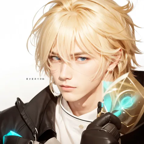 A man with realistic short blonde hair, the same realistic hairstyle, realistic handsome face, realistic cool expression, adapt Exactly the same clothes, realistic light, realistic shadows, realistic background,Realistic black gloves