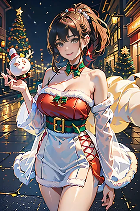 (((Gorgeous Christmas illuminations on street trees:1.3))),christmas tree night lighting,(((Santa Claus cosplay woman:1.3))),a miniskirt,(The white part of the costume looks like fluffy snow,The red part is made of luxurious velvet material.).off shoulder ...