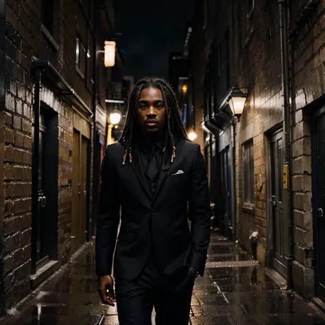 Black man, black suit, alleyway, night, raining, dreads, ultra-detailed